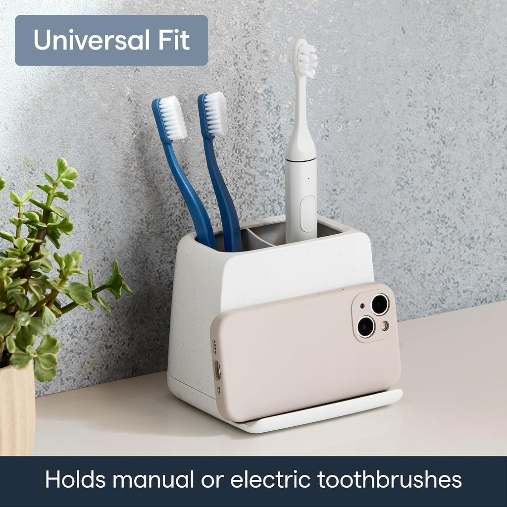YouCopia The Ledge Toothbrush Holder, 2-Slot, Bathroom Vanity Counter Organizer with Cord Slots, Removable Base and Storage for Phones, Toothpaste and Accessories