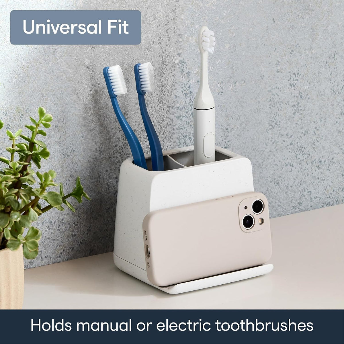 YouCopia The Ledge Toothbrush Holder, 2-Slot, Bathroom Vanity Counter Organizer with Cord Slots, Removable Base and Storage for Phones, Toothpaste and Accessories