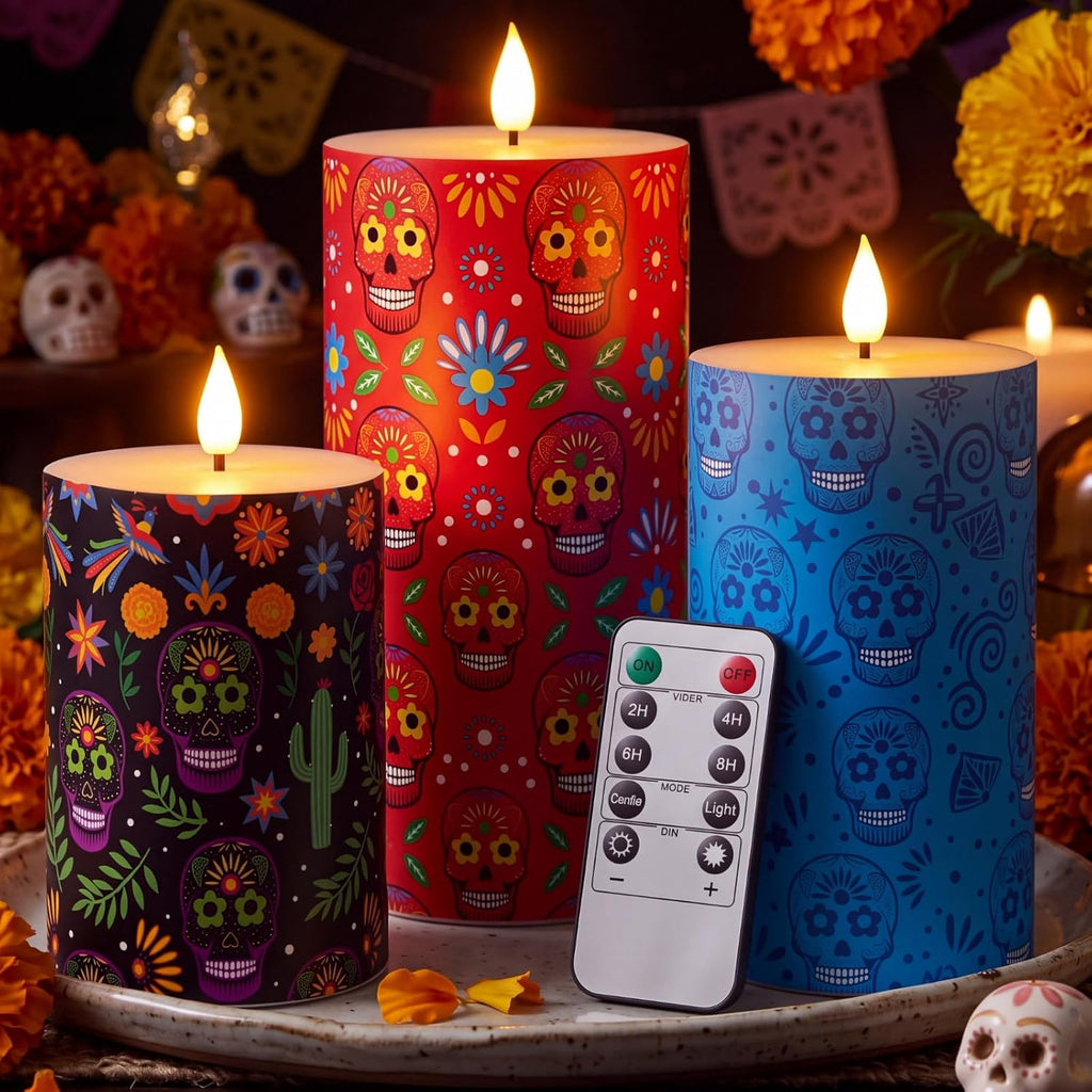 3 Pcs 4/6/10" Flameless LED Candles with Remote, Battery Operated, Skull
