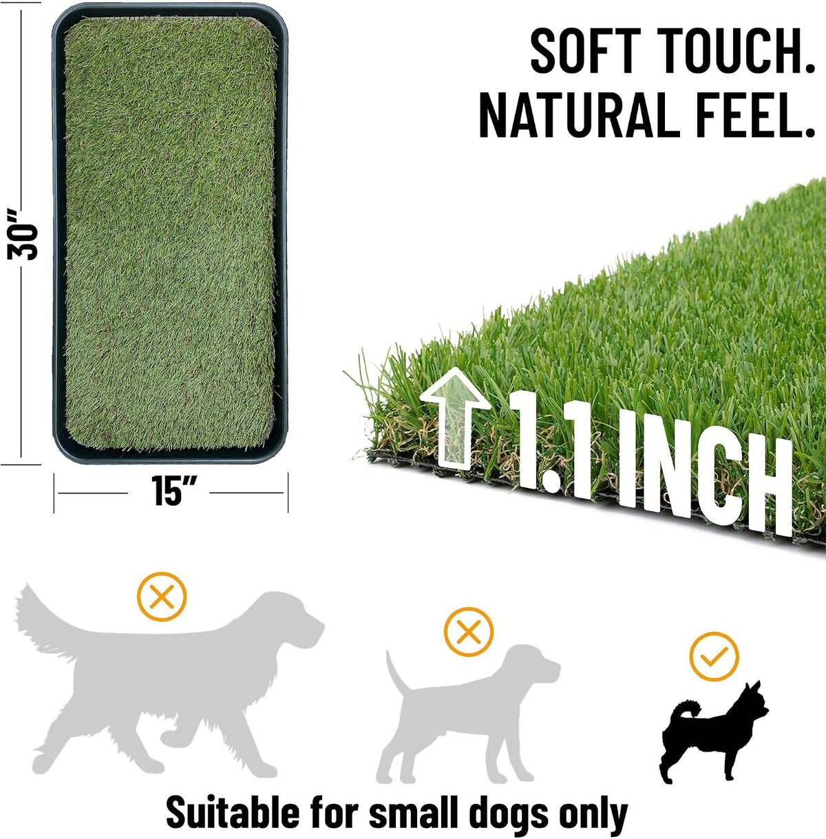 Ottomanson Artificial Grass Puppy Potty Training Pad with Tray, 15" x 30" Reusable Pee Pad for Small Pets and Dogs