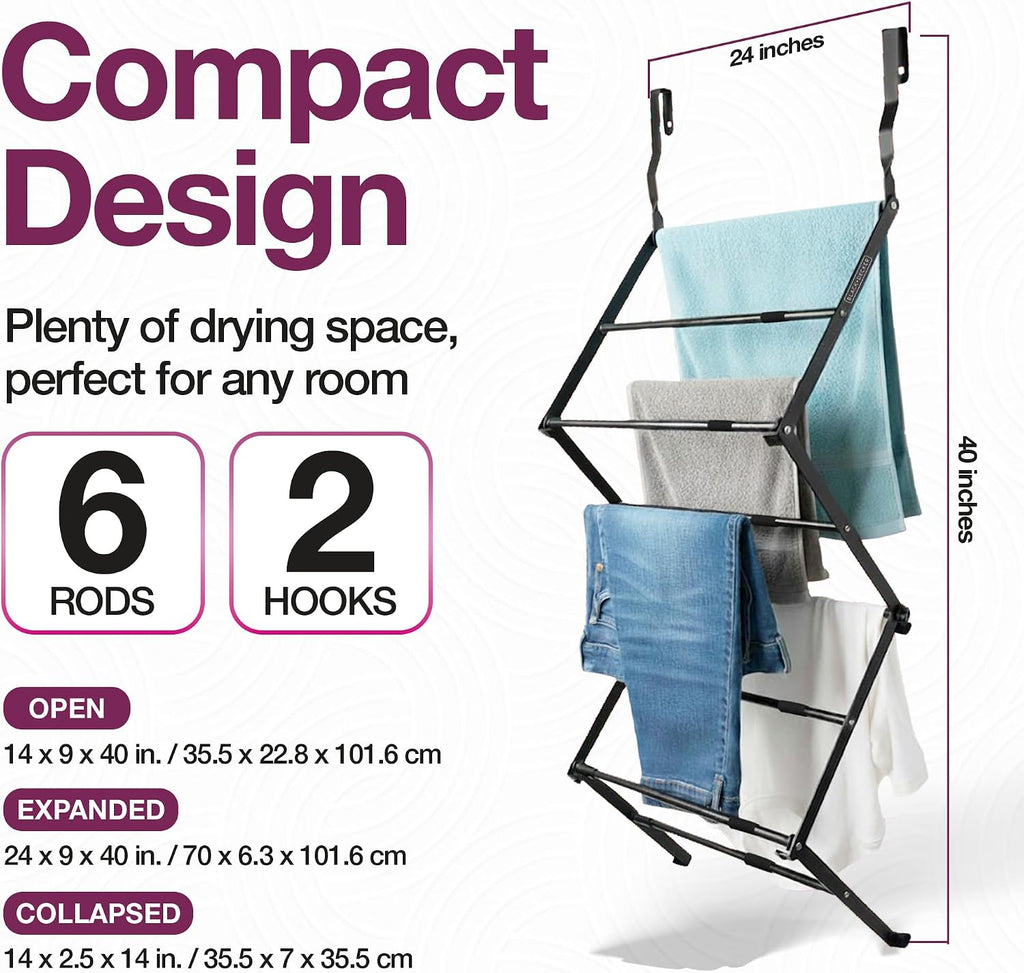 BLACK+DECKER Over The Door Expandable Telescopic Drying Rack, Clothes Organizer, Towel Hanger, Laundry, Collapsible, Black