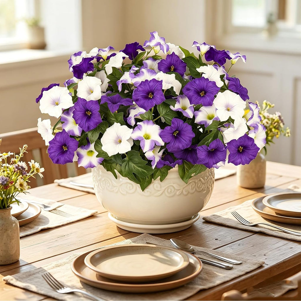 Artificial Flowers for Outdoors, Faux Petunias Spring Summer Decoration, Fake Flowers Plants UV Resistant Look Real Silk Flowers for Outside Planter Front Door Porch Patio Yard (Purple+White)