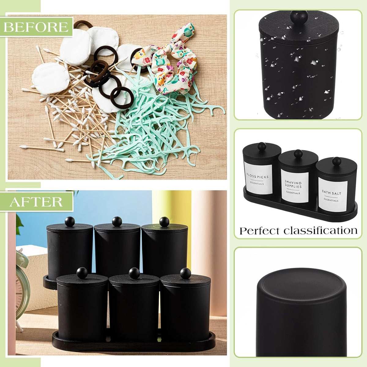 Chengu 6 Pack Cotton Swab Holder with Bamboo Lids and Trays and Labels Glass Round Swab Dispenser Cotton Ball Holder Glass Apothecary Jars Floss Pick Containers Bathroom Organizers(Black)