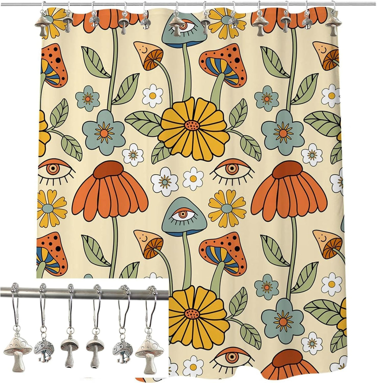 Mushroom Shower Curtain Hooks, 12Pcs Rustproof Metal Cute Retro Mushroom Shower Curtain Hooks Rings for Boho Fairy Forest Country Cottagecore Style Home Bathroom Decor (Silvery)