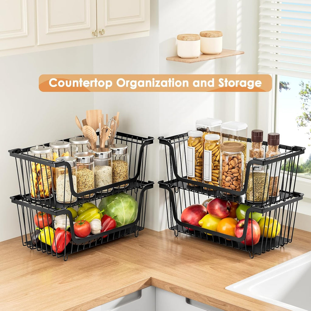 4 Pcs Stackable Wire Baskets for Pantry Organizers and Storage, Black