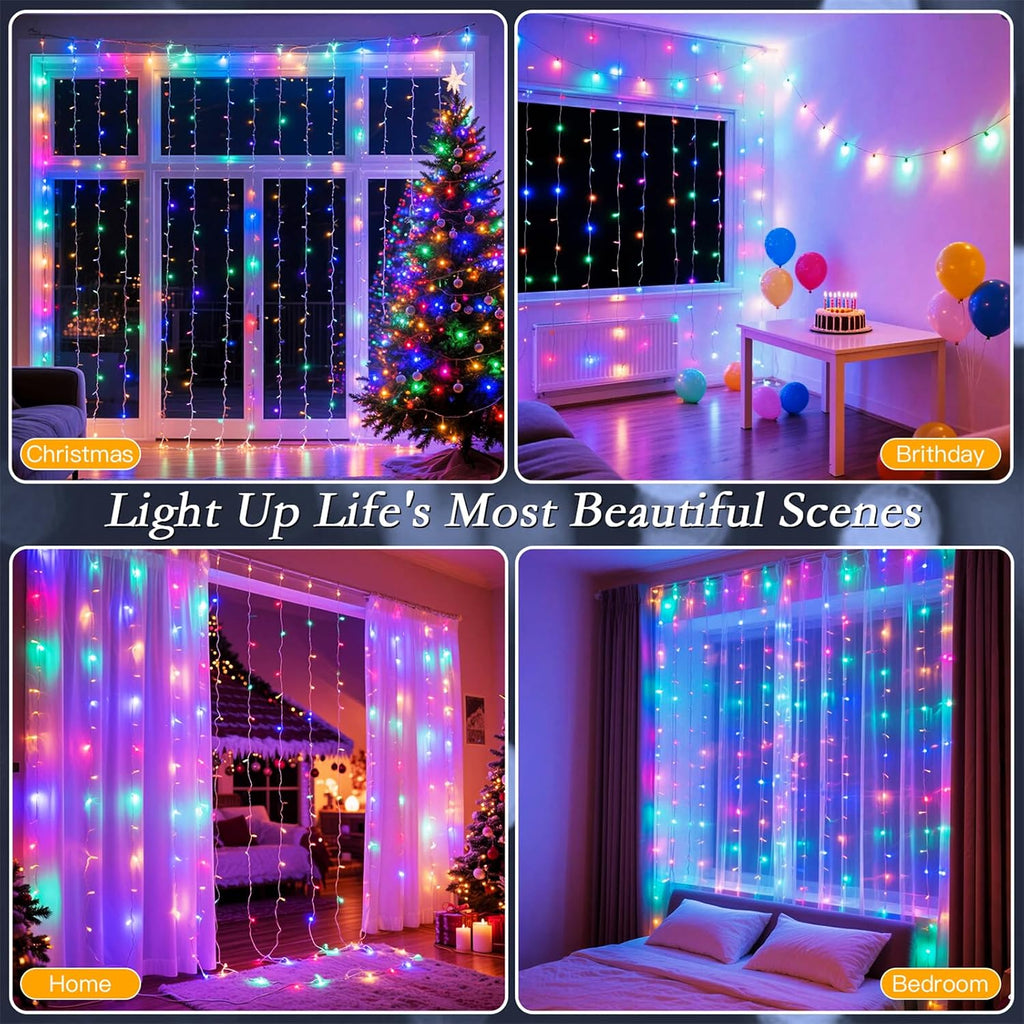 200 LED Multicolor Rainbow Curtain Fairy Lights 9.8x6.6FT Plug in