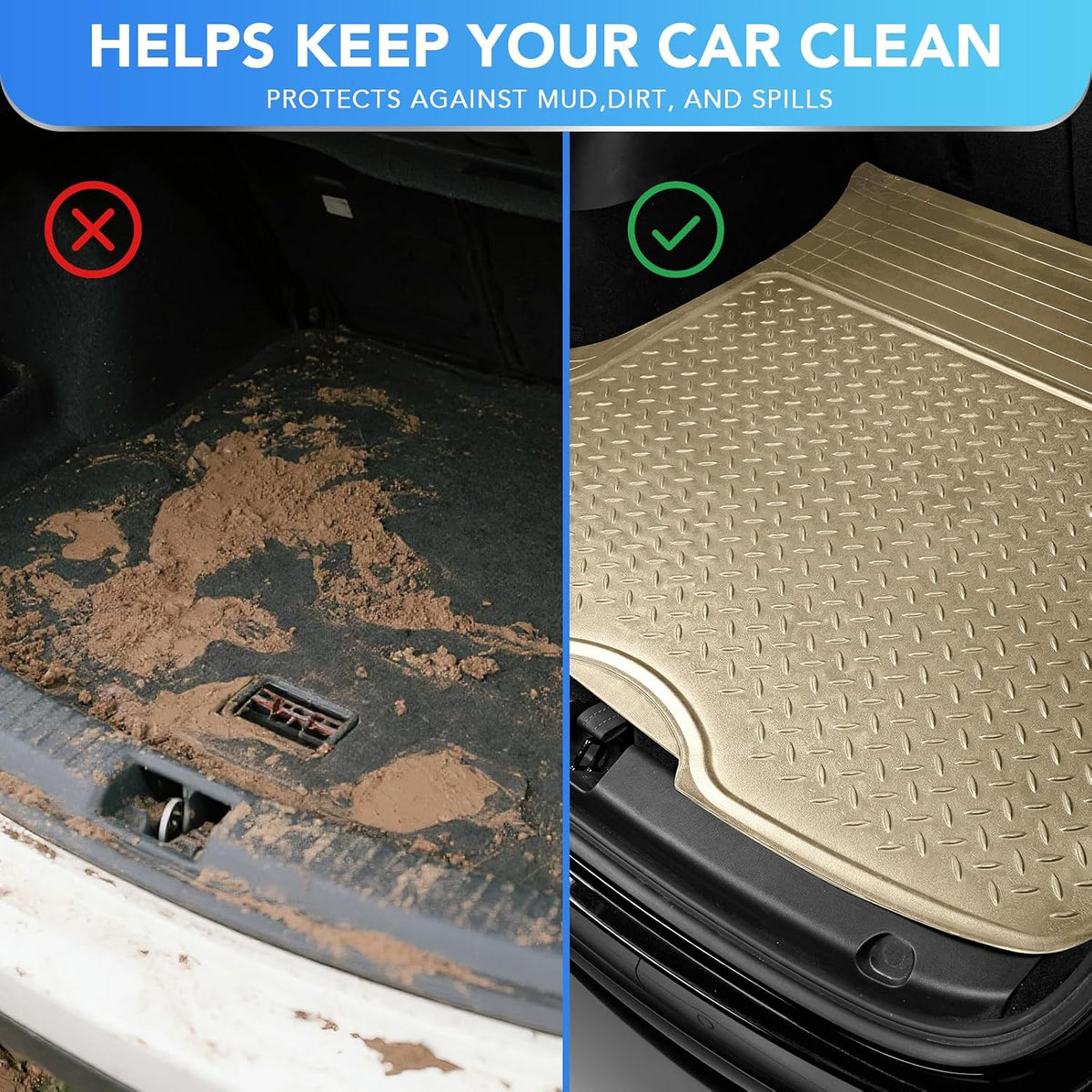 PIC AUTO Heavy Duty Cargo Liner, Trimmable All-Weather Rubber Trunk Mat for Cars, SUVs, Vans & Trucks, Anti-Slip Backing, Durable Protection, Large, Beige