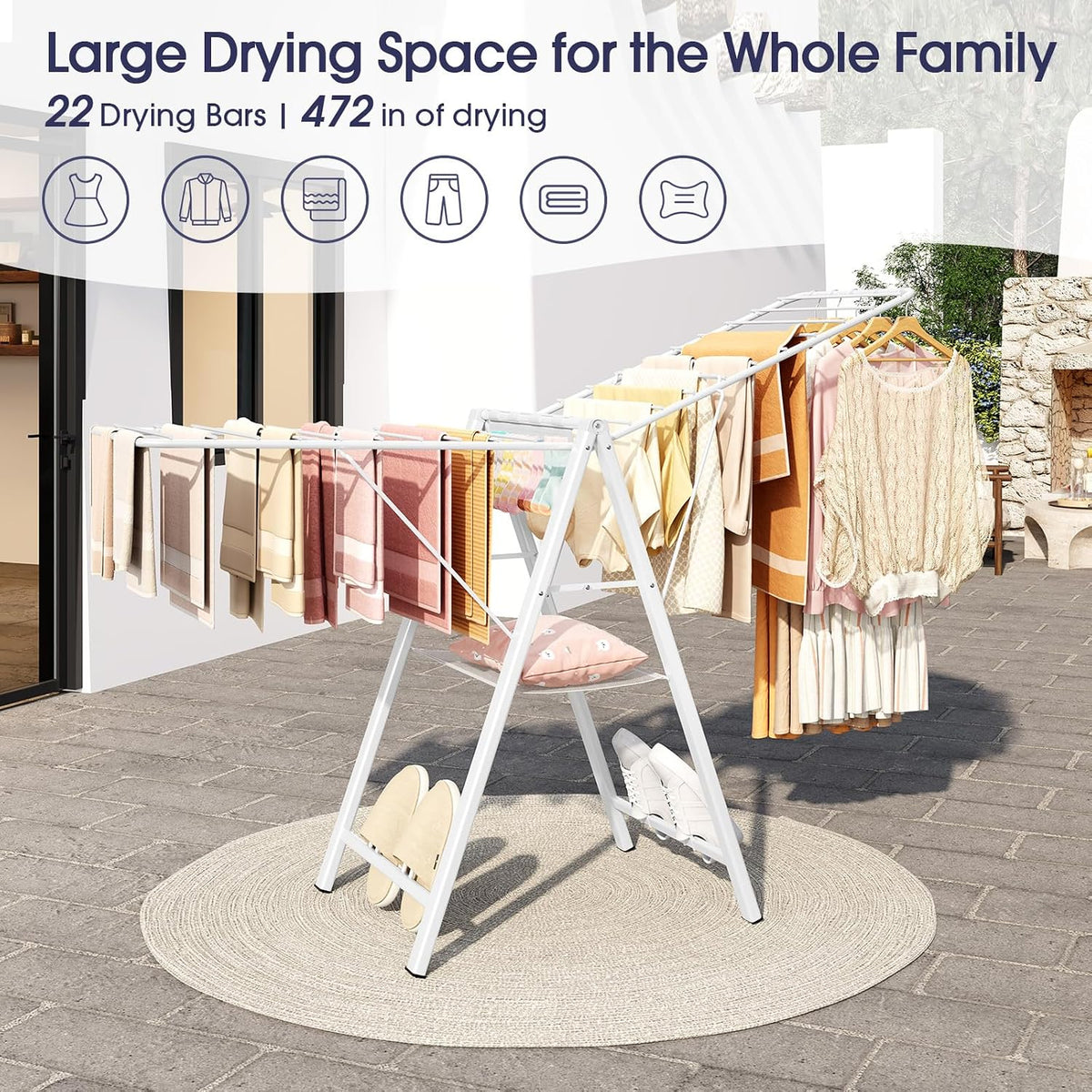 APEXCHASER Clothes Drying Rack, 67.3" L Height Adjustable, Foldable, White