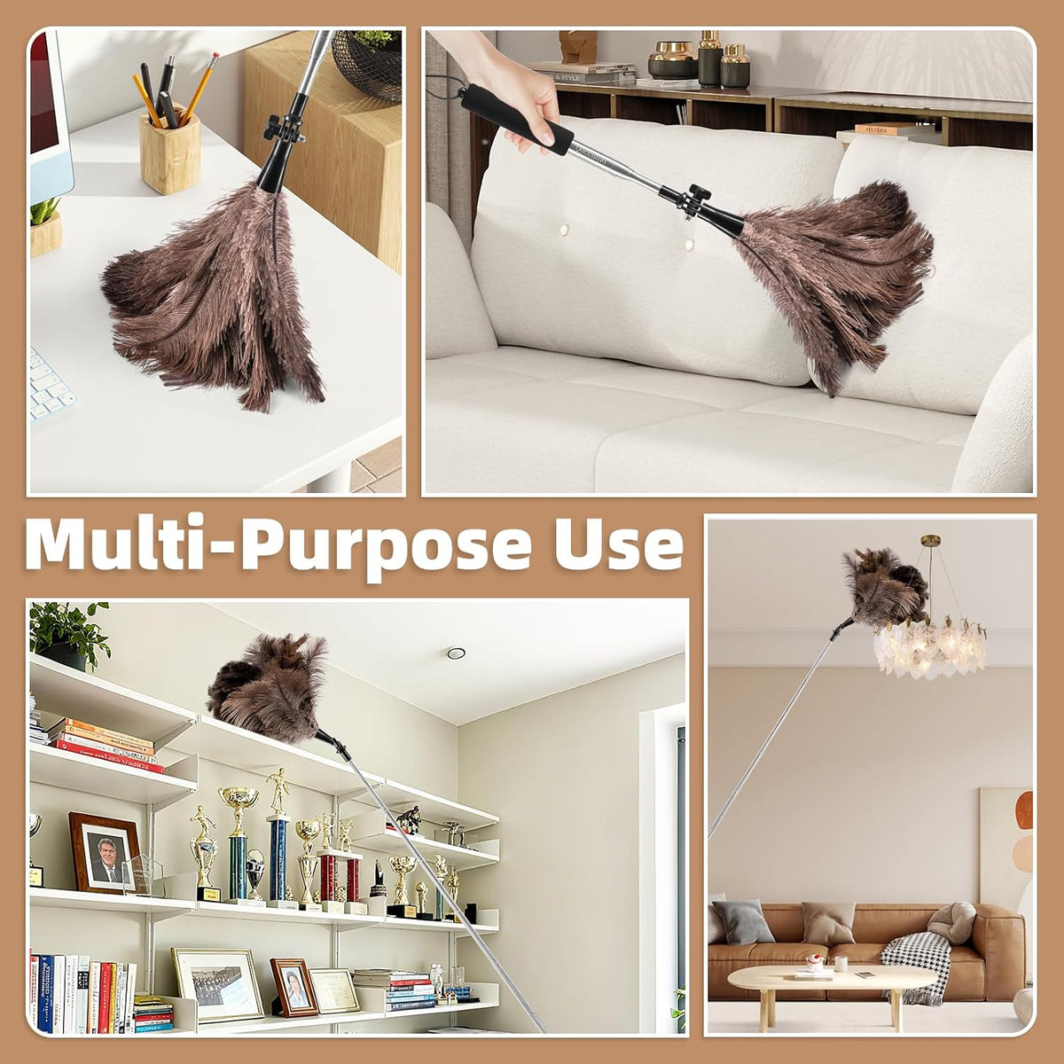 Extendable Ostrich Feather Duster for Cleaning with 49 inch Rotatable Pole