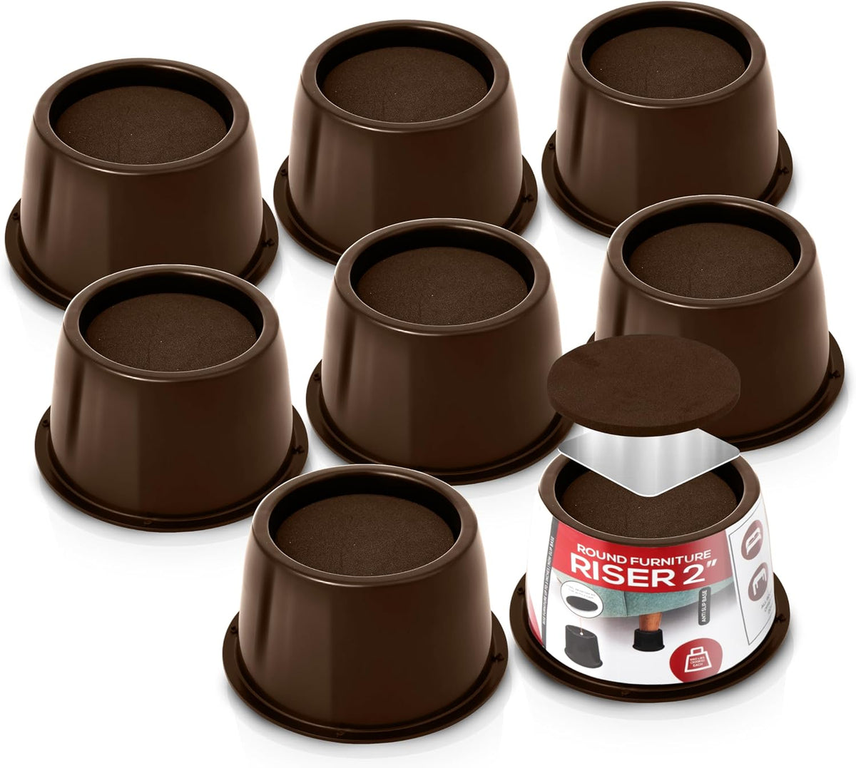 Utopia Bedding 2 Inch Bed Risers 8 Pack, Round Heavy Duty, Brown