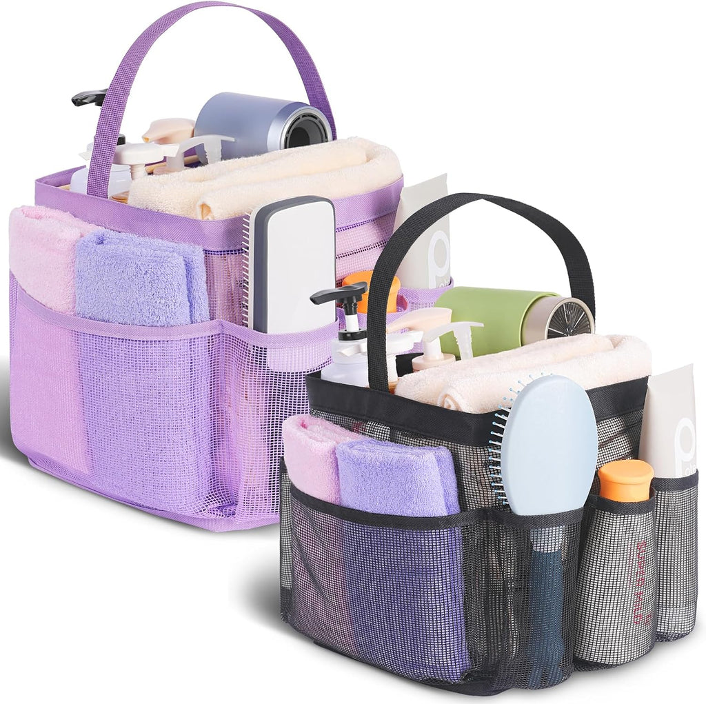 EUDELE 2 Pack Mesh Shower Caddy Portable for College Dorm Room Essentials, Shower Caddy Dorm with 9-Pocket Large Capacity,Shower Bag for Beach,Swimming,Gym All Black+All Pink