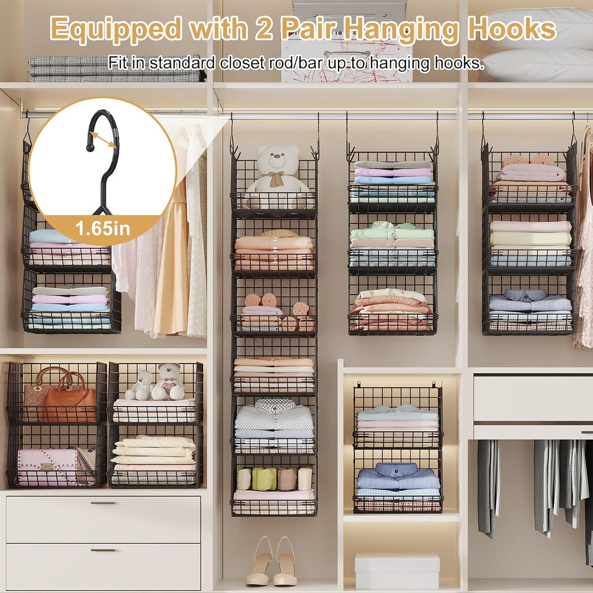 6 Tier Closet Hanging Organizer, Clothes Hanging Shelves with 4 Hanging Hooks 5 S Hooks, Wire Storage Basket Bins, for Clothing Sweaters Shoes Handbags Clutches Accessories Patent Design-Black