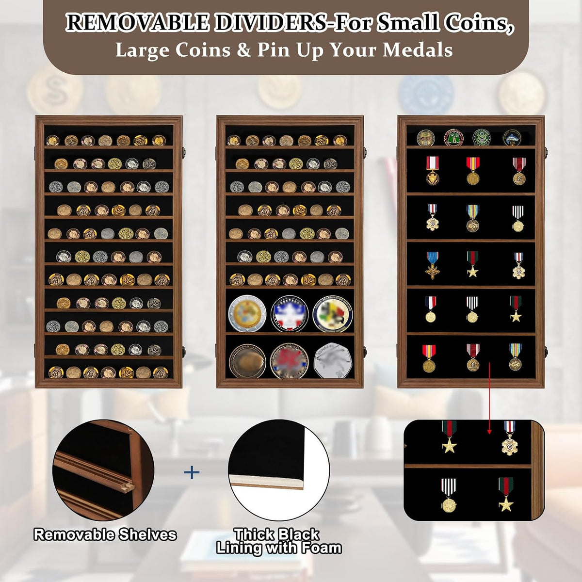 Oversized Military Challenge Coin Display case for Badges & Ribbons Walnut