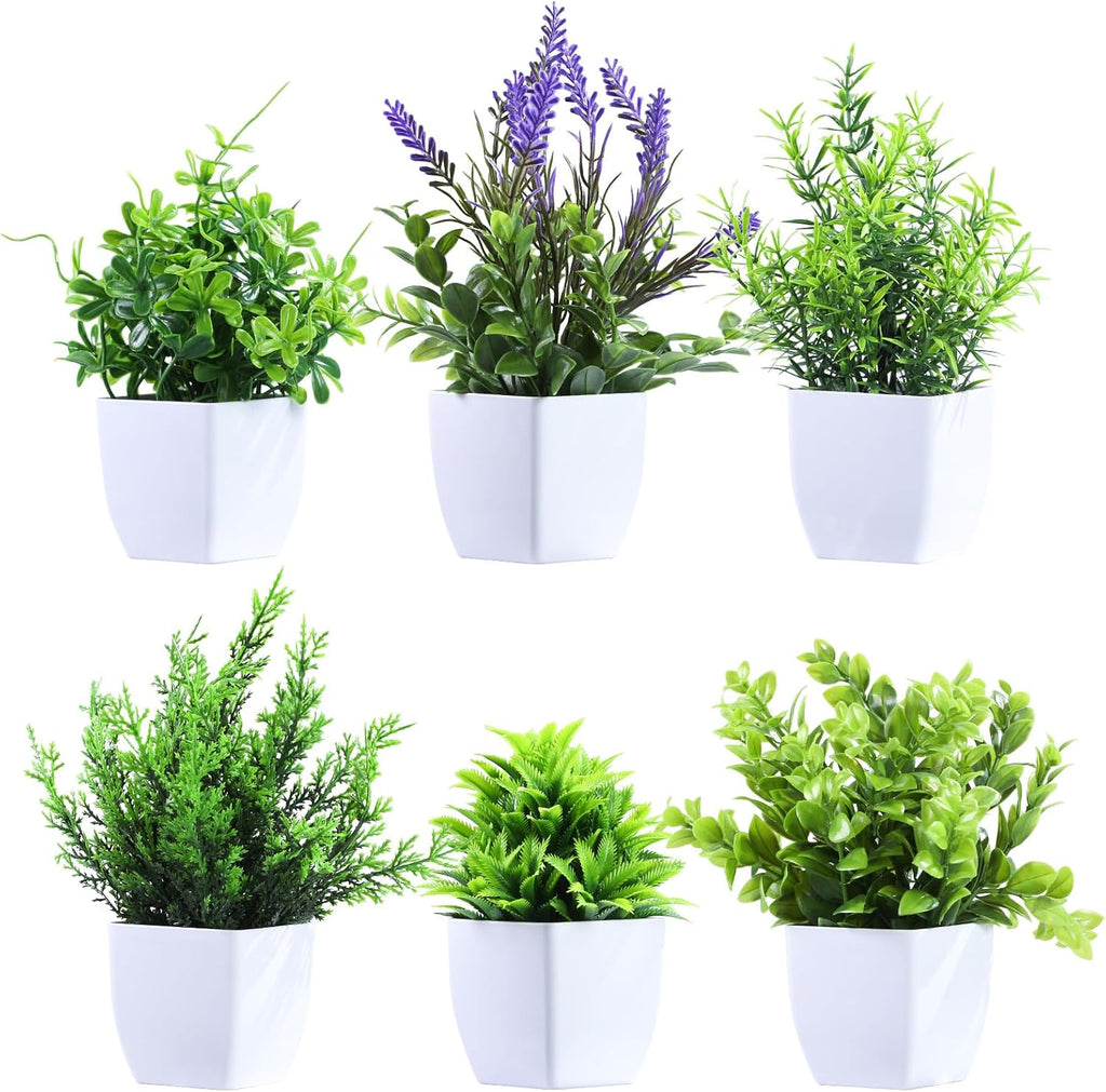 Clearain 6 Pack Small Fake Plants Mini Artificial Potted Plants for Table Desk Home Laundry Room Bathroom Office Decoration (White)