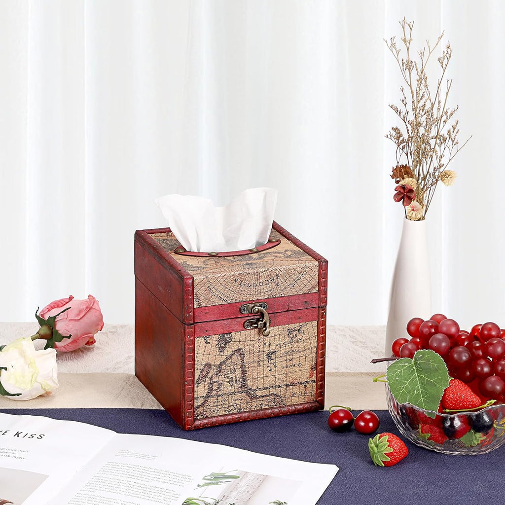 Sumnacon Wood Tissue Box Cover Square, Vintage Retro Tissue Holder, Red