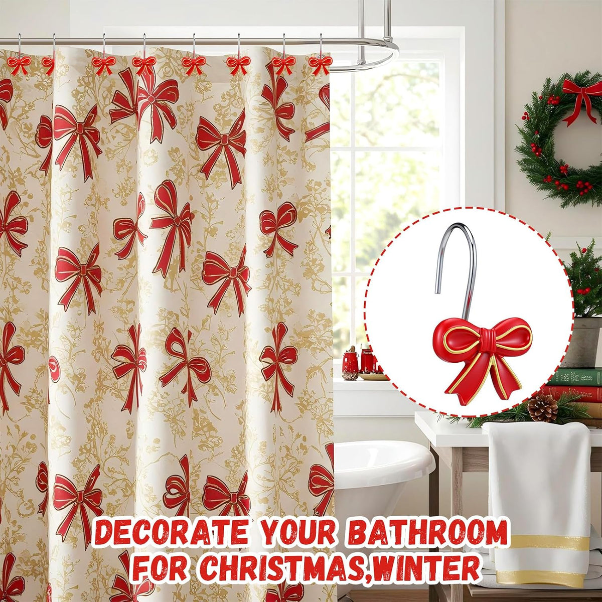 Weysat 12 Pcs Red Bow Christmas Shower Curtain Hooks Bathroom Decor