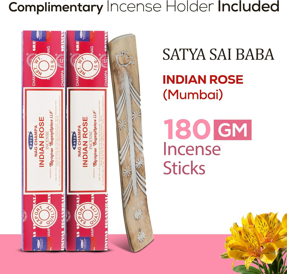 Satya Indian Rose Incense Sticks 180 gm (15GM X 12 Pack) from Satya Sai Baba Nag Champa and Raajsee Incense Sticks Holder Bundle, Free from Chemicals,Natural Insenses