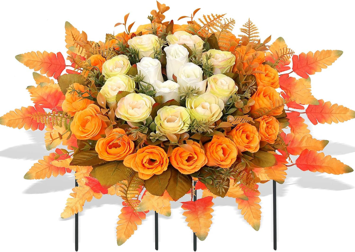 Lodou Artificial Cemetery Flowers,Silk Memorial Cake for Cemetery,Artificial Flower Centrepieces for Tables,Artificial Rose Graveyard Memorial Flowers for Headstones Decoration (Autumn Yellow)