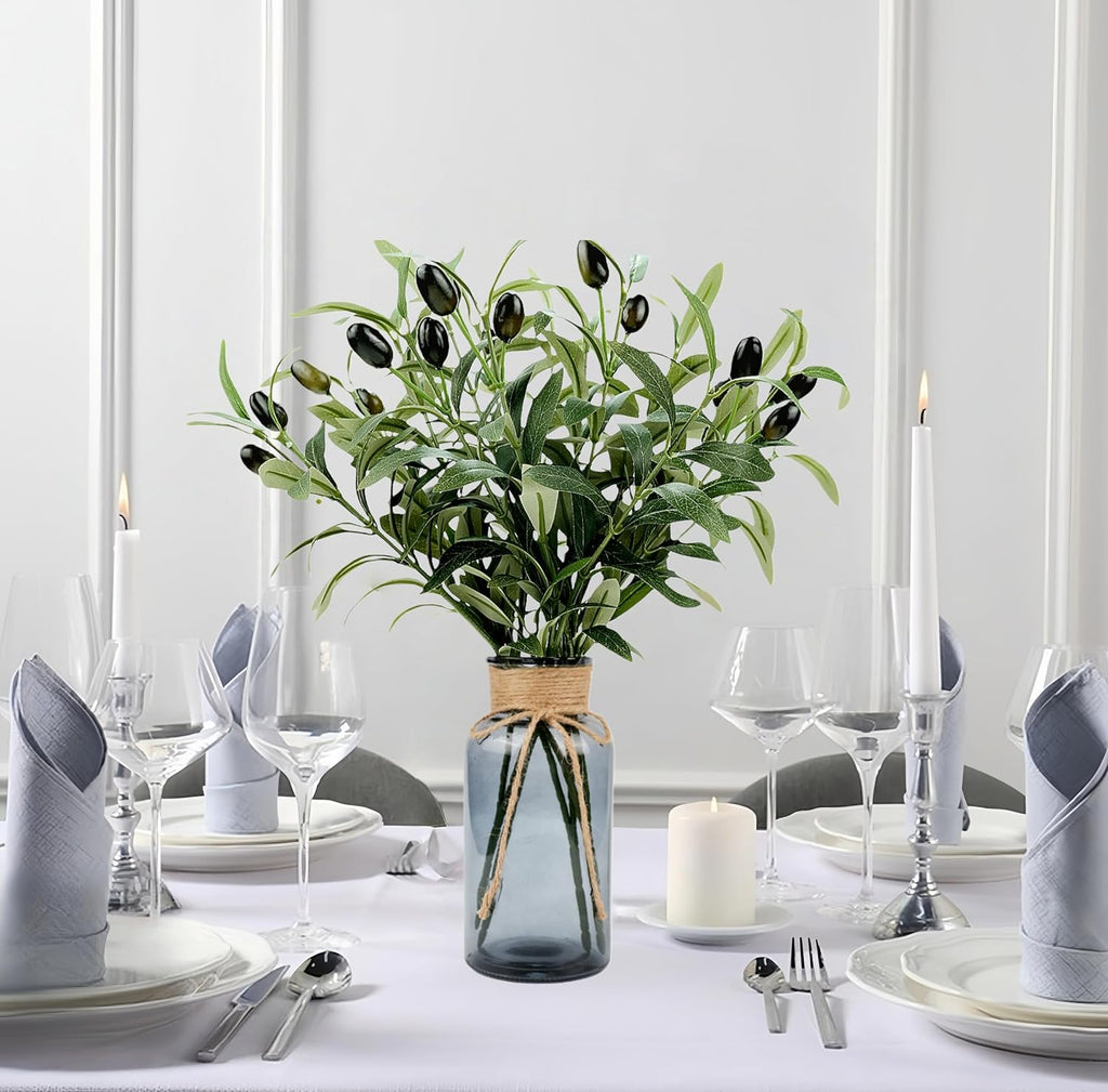 Artificial Plants Olive Branch in Glass Vase, 14.5” Fake Plant Greenery Stems with Olive Branches Faux Eucalyptus Stems for Home Office Farmhouse Wedding Table Centerpiece Décor, Gray Vase