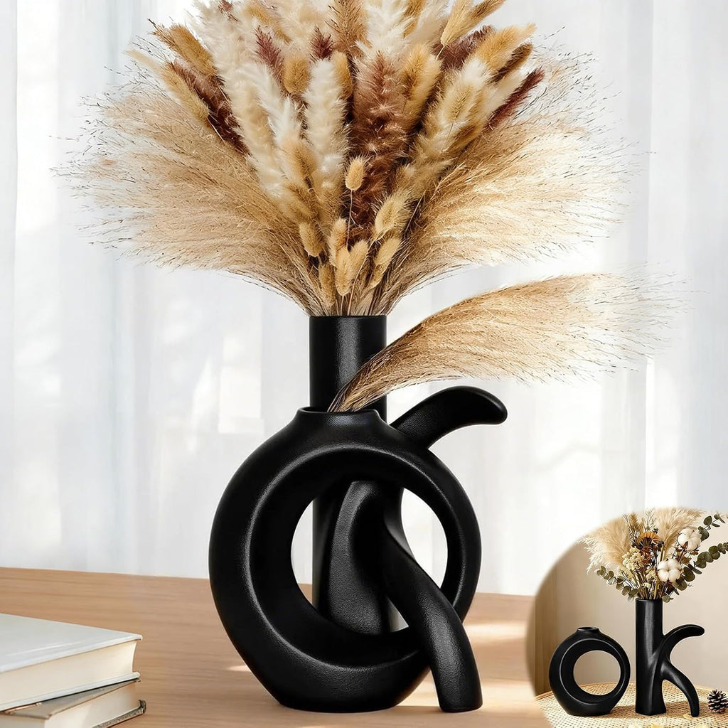 Assemble OK Ceramic Vase Set of 2 for Home Decor, Modern Boho Ins Style Matte Vase for Pampas Grass for Table Centerpiece, Living Room, Shelf, Mantle, Housewarming Gift (Black Vase)