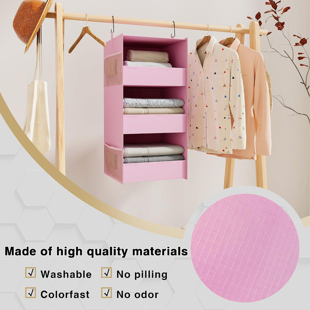 3-Shelf Hanging Closet Organizer, Washable Foldable Storage Shelves, Pink