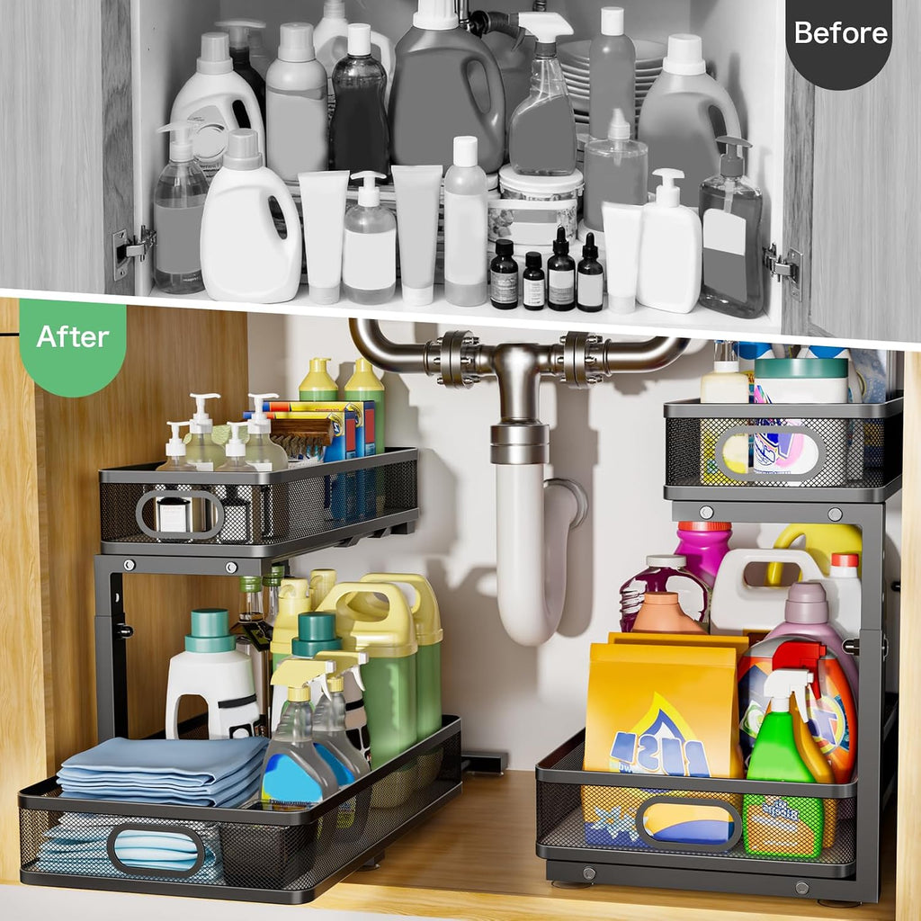 Under Sink Organizer 2 Pack, High Adjustable 2 Tier Under Sink Organizers and Storage, Slide out Metal Cabinet Organizers, Pull out Storage Drawer Shelf for Kitchen Bathroom Cabinet (Black)
