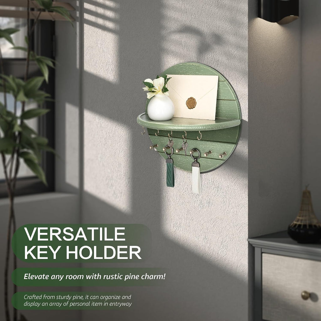 Rebee Vision Round Key Holder Wall Mount with 11 Hooks for Hallway, Green
