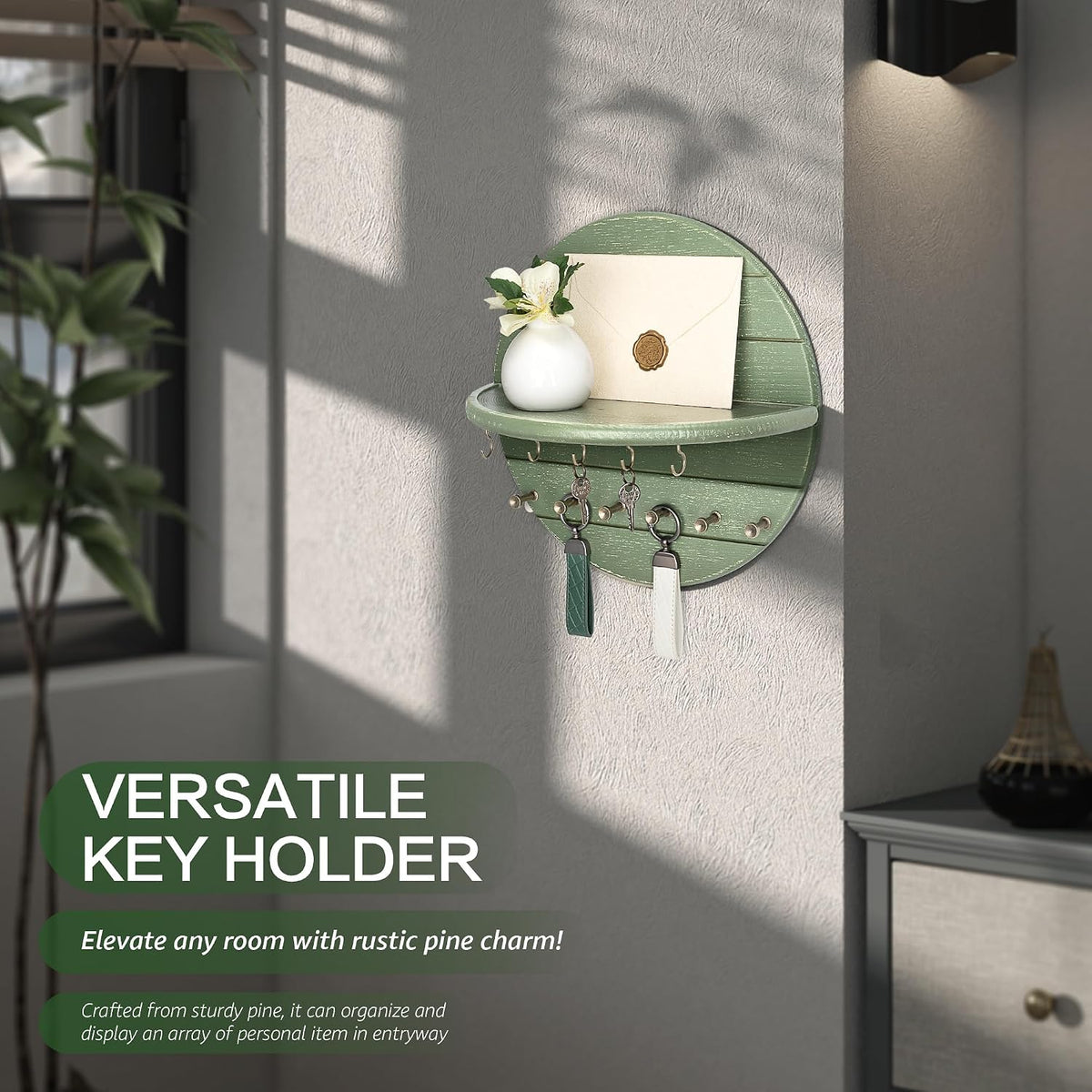 Rebee Vision Round Key Holder Wall Mount with 11 Hooks for Hallway, Green