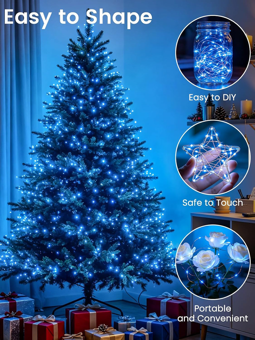 EEW 2 Pack Fairy Lights Plug in 99 FT 300 LED Christmas String Lights Blue