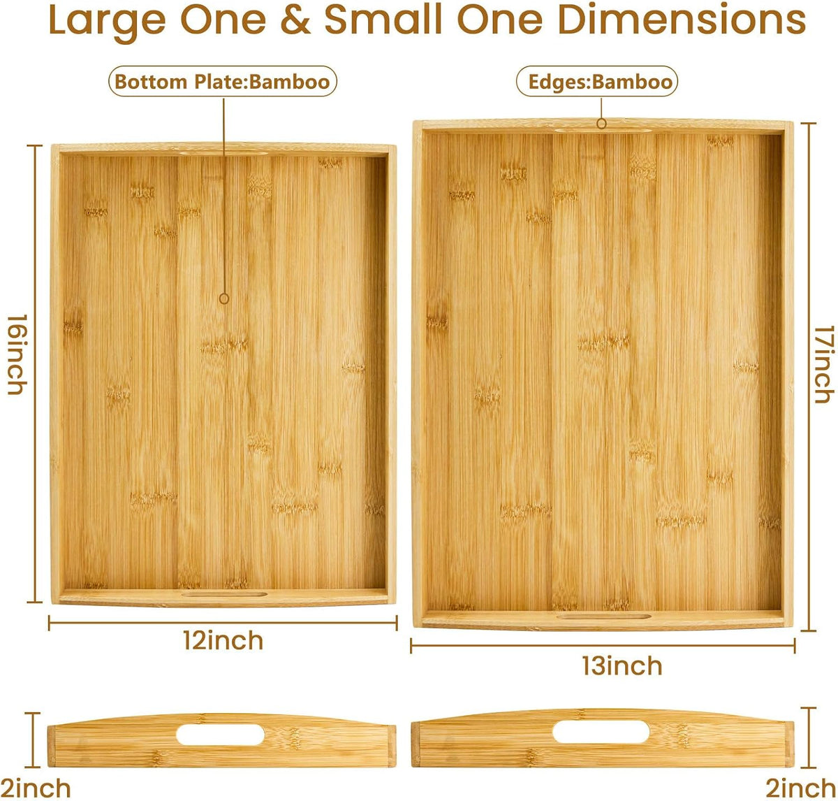 GOLD HONEY Bamboo Serving Tray with Handles, Wooden Serving Tray Set of 2