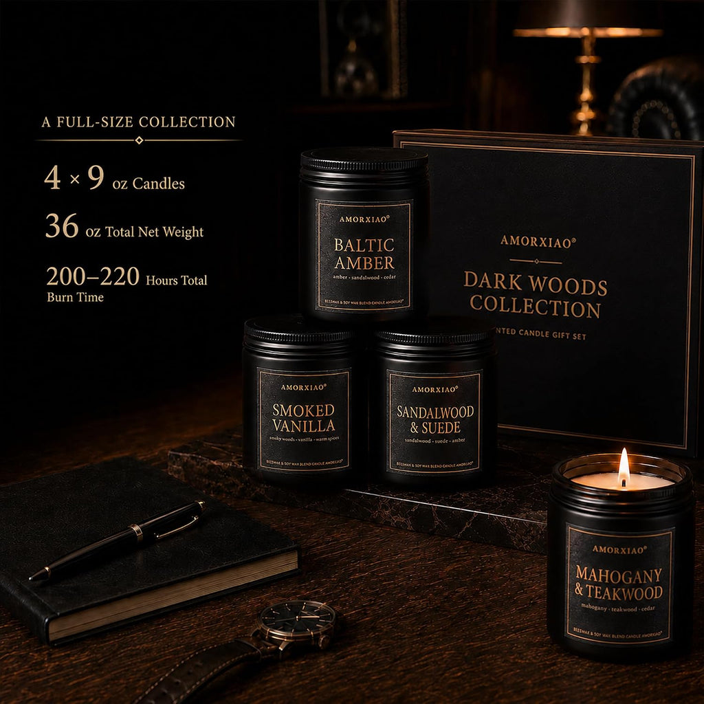 Scented Candles for Men, 4 Pack Dark Woods Manly Gift Set, 36 oz Total