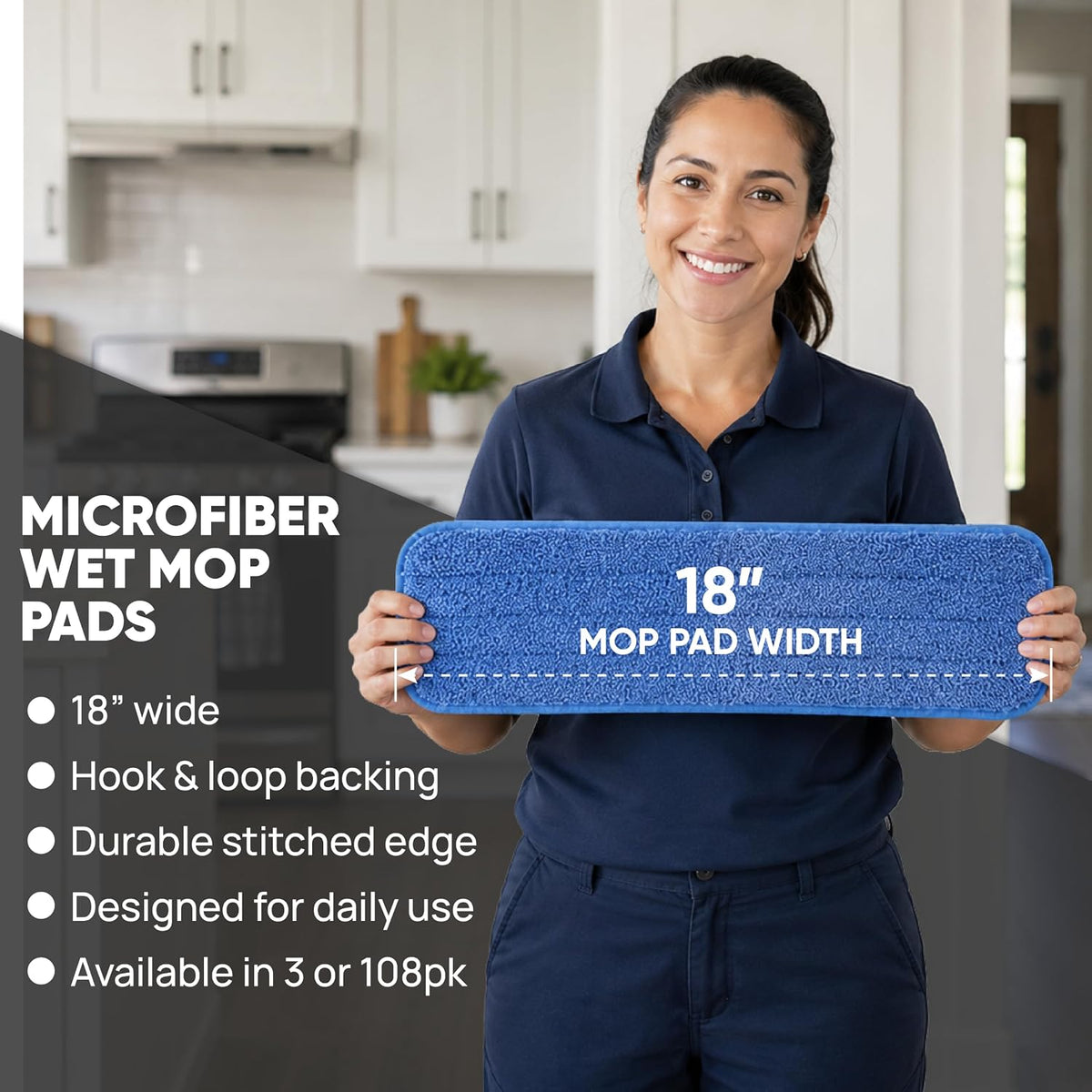 Microfiber Wholesale 18 inch Microfiber Mop Pads - Machine Washable, Reusable, Refills & Replacement Wet Mop Heads Compatible with Any Microfiber Flat Mop System (3 Pack)