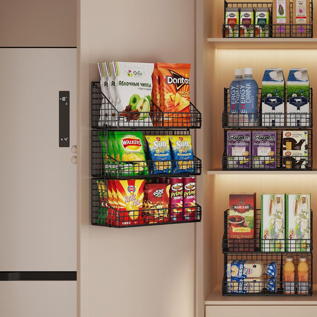 X-cosrack 3 Tier Large Stackable Snack Organizer - Versatile Wall Mounted Wire Storage Basket with Divider for Candy Chip Cans Bars - Ideal for Pantry Office Home