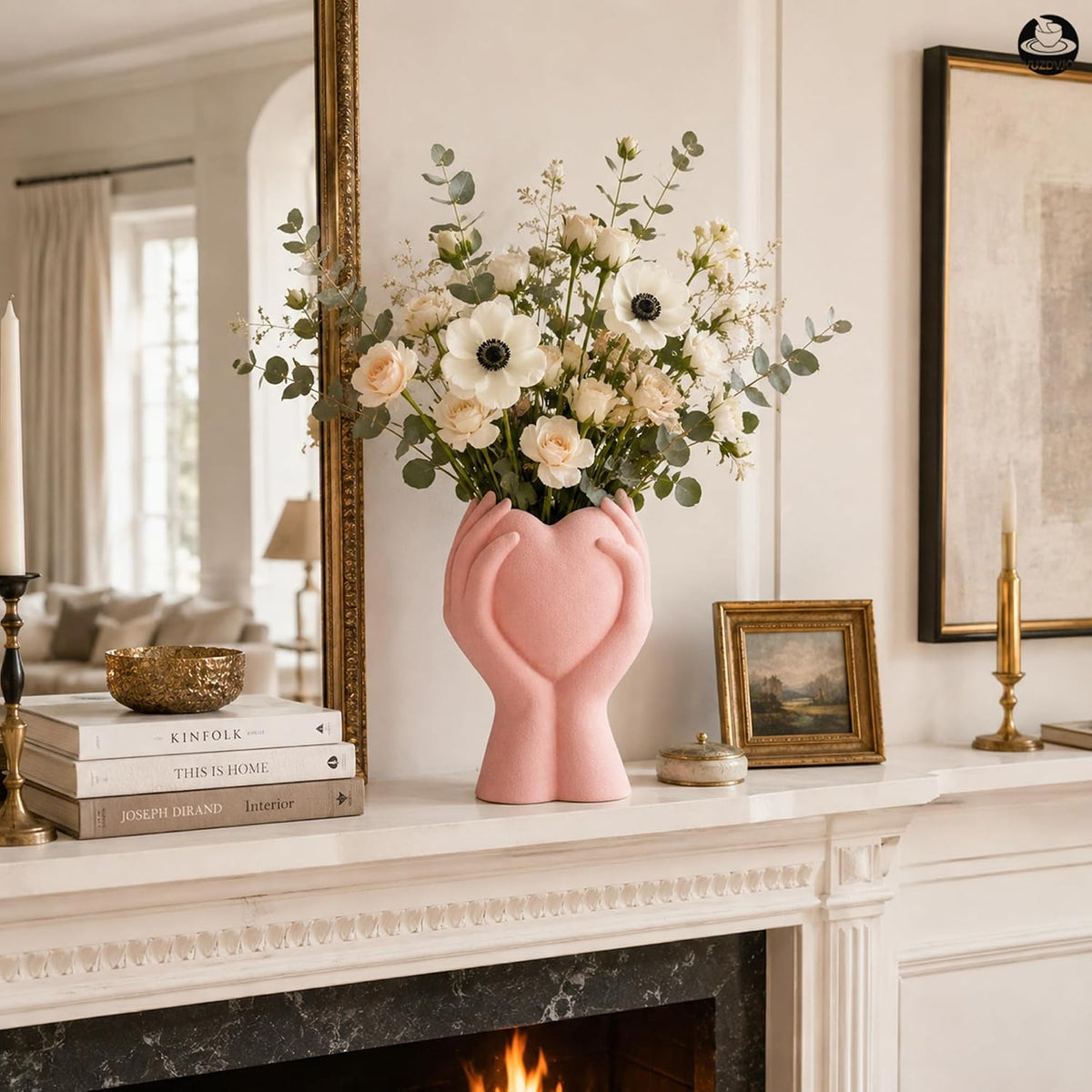8 Inch Heart Hand White Ceramic Vase - Unique Modern Aesthetic Flowers Vase for Living Room Bedroom Office Kitchen Table Centerpiece or Shelf Decor - Gifts for Wedding Bridal Shower Women Mom (Pink)