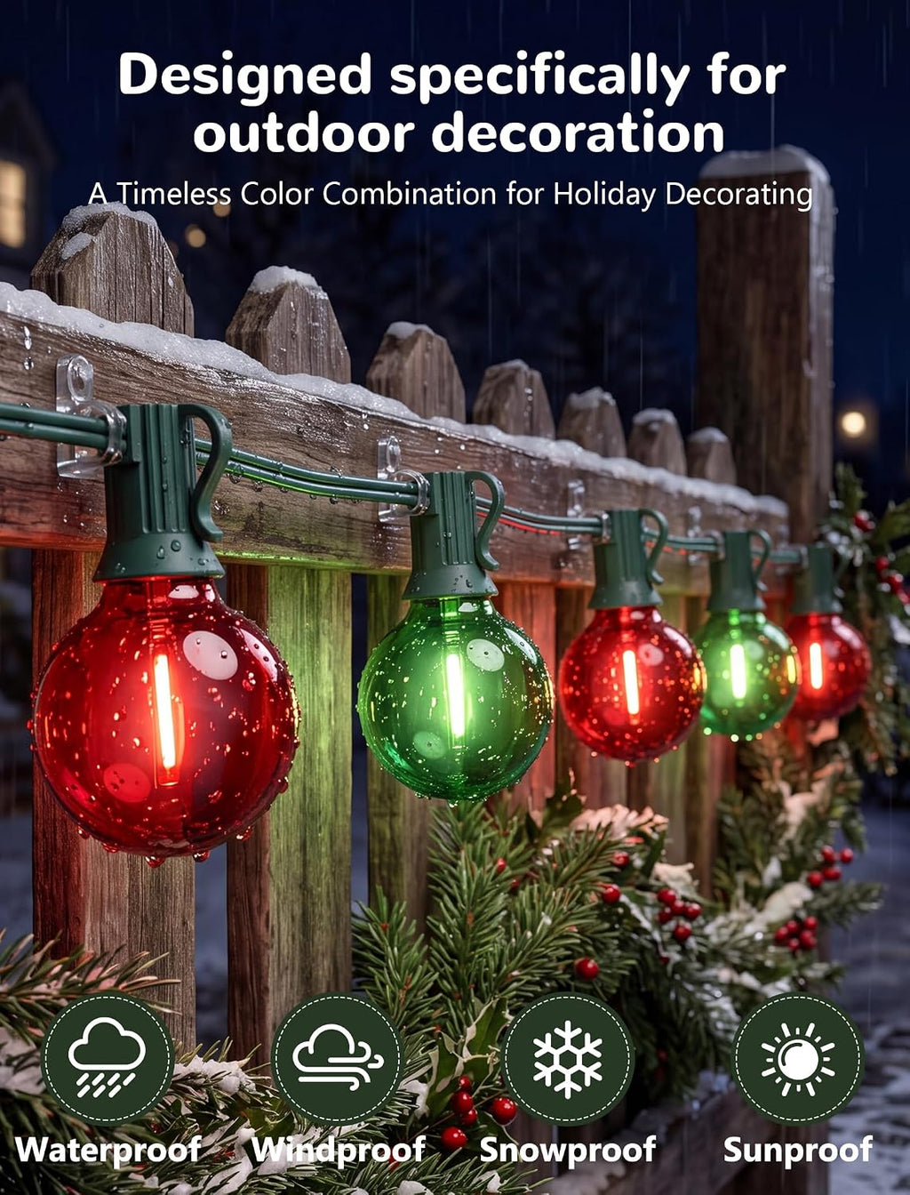 25Ft G40 LED Red Green Outdoor String Lights, 27 Shatterproof Globe Bulbs