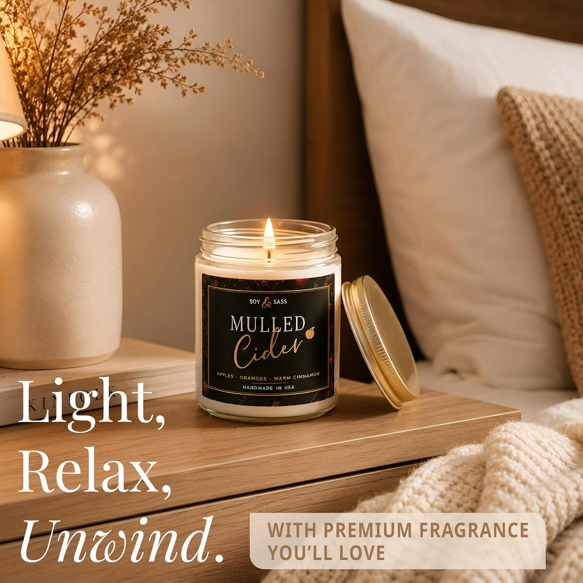 Mulled Cider Candle, Fall Candles I Apple Cider, Cinnamon & Nutmeg - Infused with Essential Oils I Mulled Cider Fall Scented Candle (Soy) for Home I 9oz Reusable Jar I 50Hr Burn I Made in USA