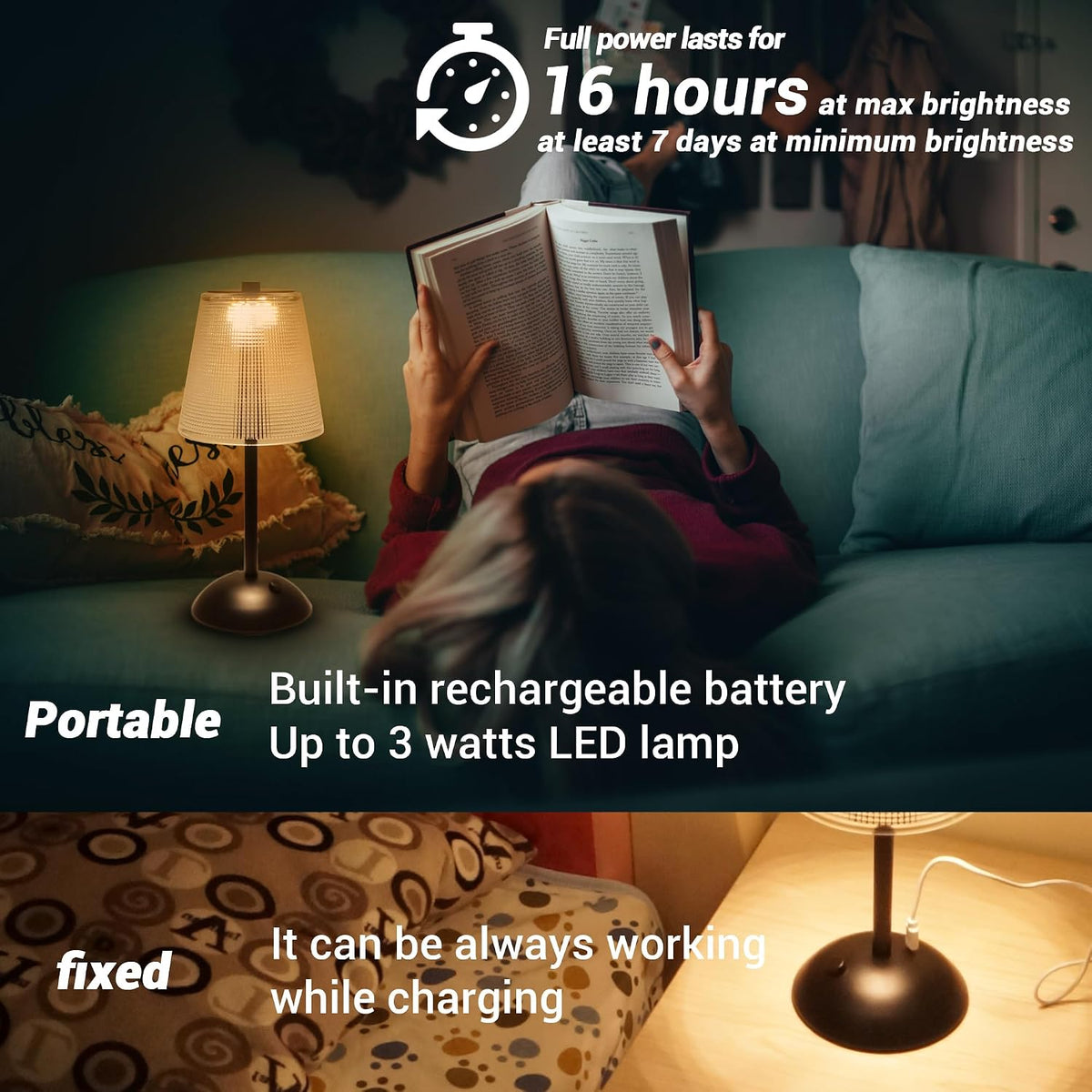 Cordless Table Lamp, 4000mAh Rechargeable Battery Operated Lamp, 3 Color Modes & Stepless Dimmable LED Touch Lamp, Portable Retro Metal Beside Lamps for Home Desk Bedroom Restaurant(Black)