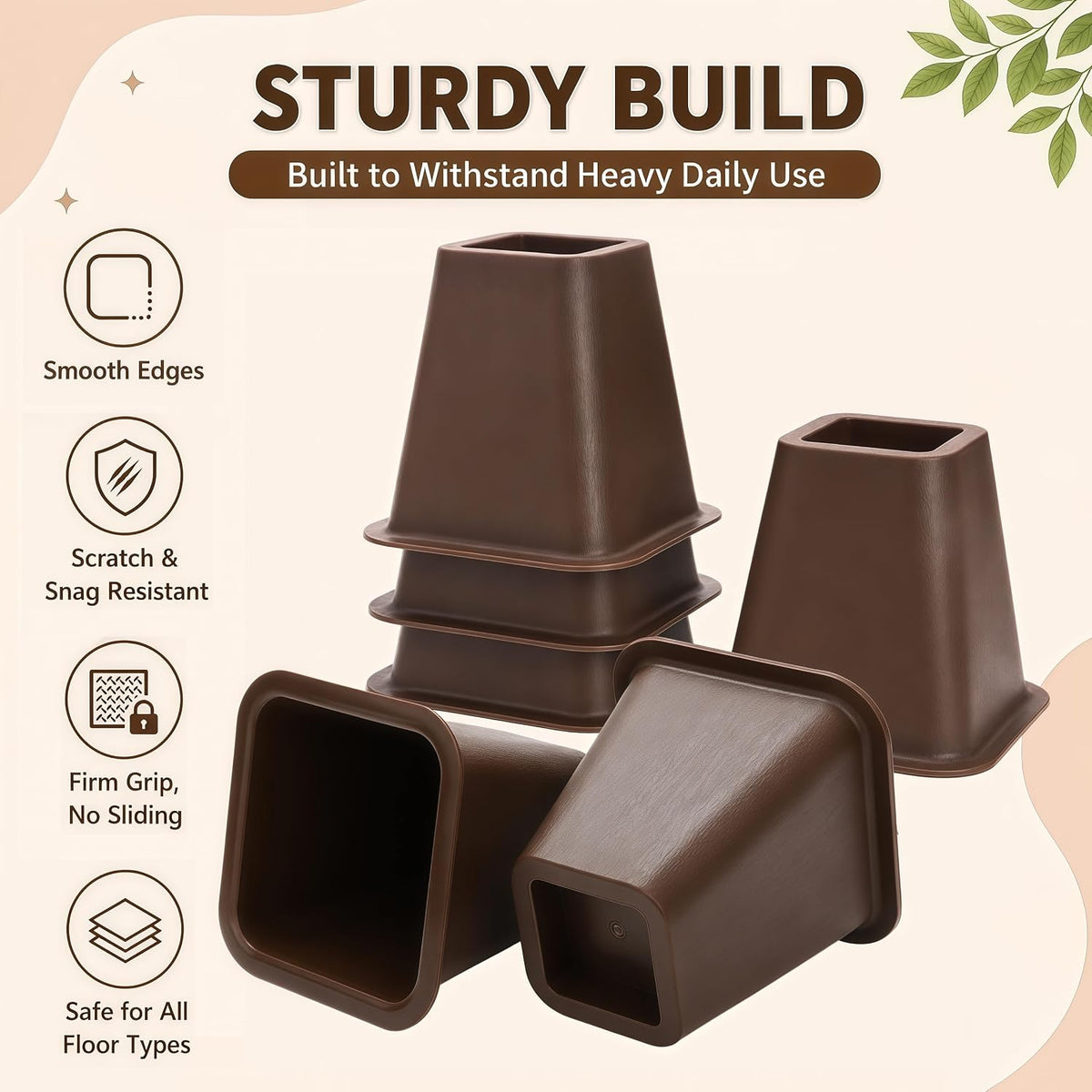 6 inch Large Bed Furniture Risers, 6 Pack Heavy Duty Couch Lifter for Sofa, Chair, Cabinet, Desk, Durable ABS Plastic Bed Stilts, Supports up to 2200 lbs, Brown