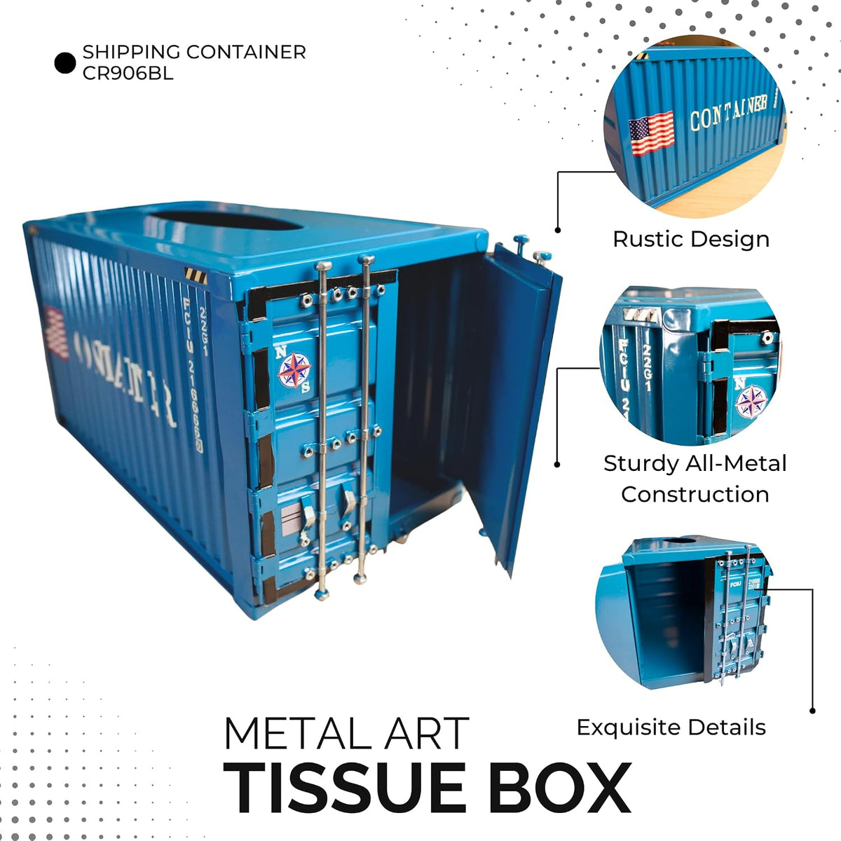 Shipping Container Tissue Box Cover – Sturdy All-Metal Construction, Fits XL US Tissue Boxes – Industrial Decor for Homes, Offices, Restaurants & Man Caves (Blue)