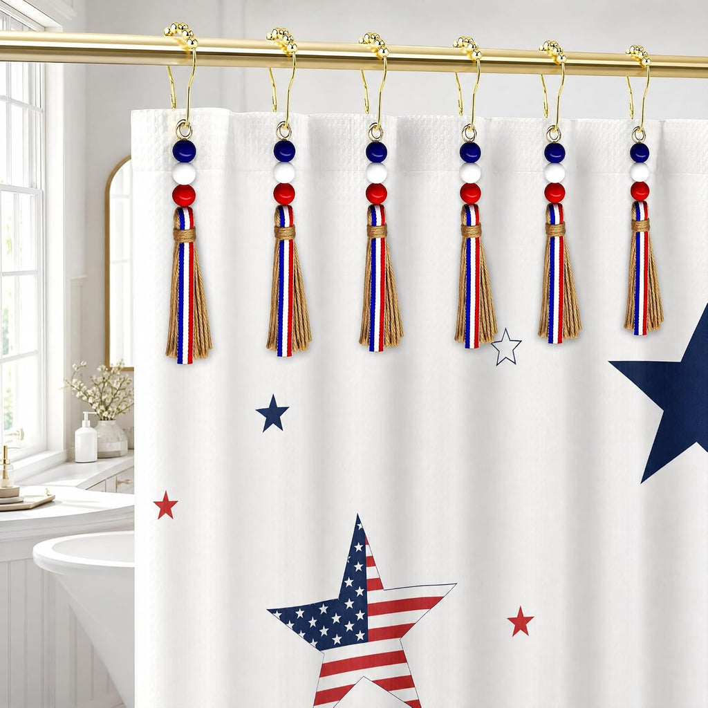 Gold Shower Curtain Hooks Rings, Rust Proof Patriotic Tassels, 12 Pack