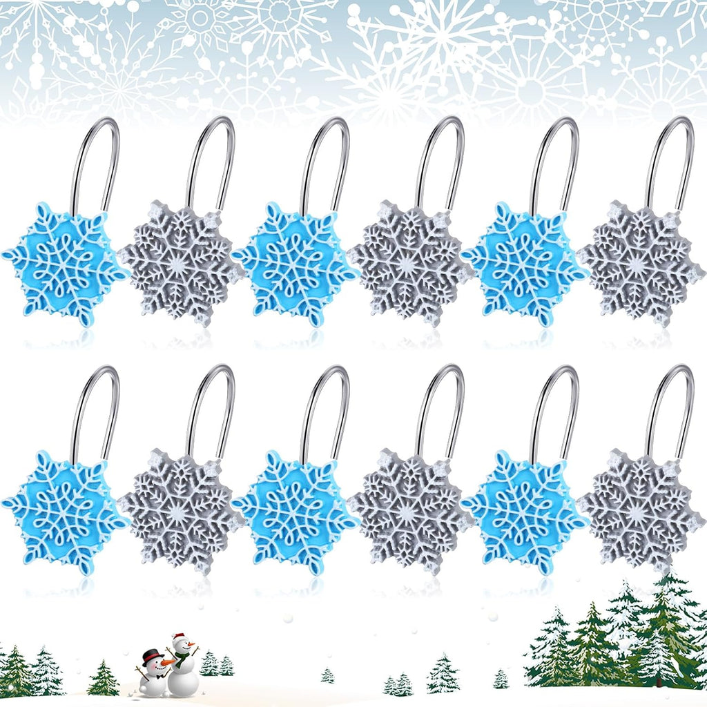 CroBlissful 12 Pcs Winter Snowflake Shower Curtain Hooks 2 Styles Snowflakes Curtain Hangers Hooks Blue Silver Winter Christmas Decorative Rings for Bathroom Restroom Rods Wall Decor