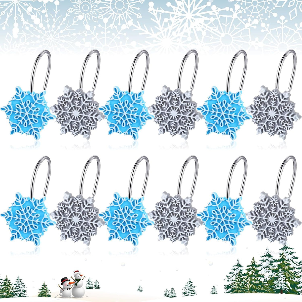 CroBlissful 12 Pcs Winter Snowflake Shower Curtain Hooks 2 Styles Snowflakes Curtain Hangers Hooks Blue Silver Winter Christmas Decorative Rings for Bathroom Restroom Rods Wall Decor