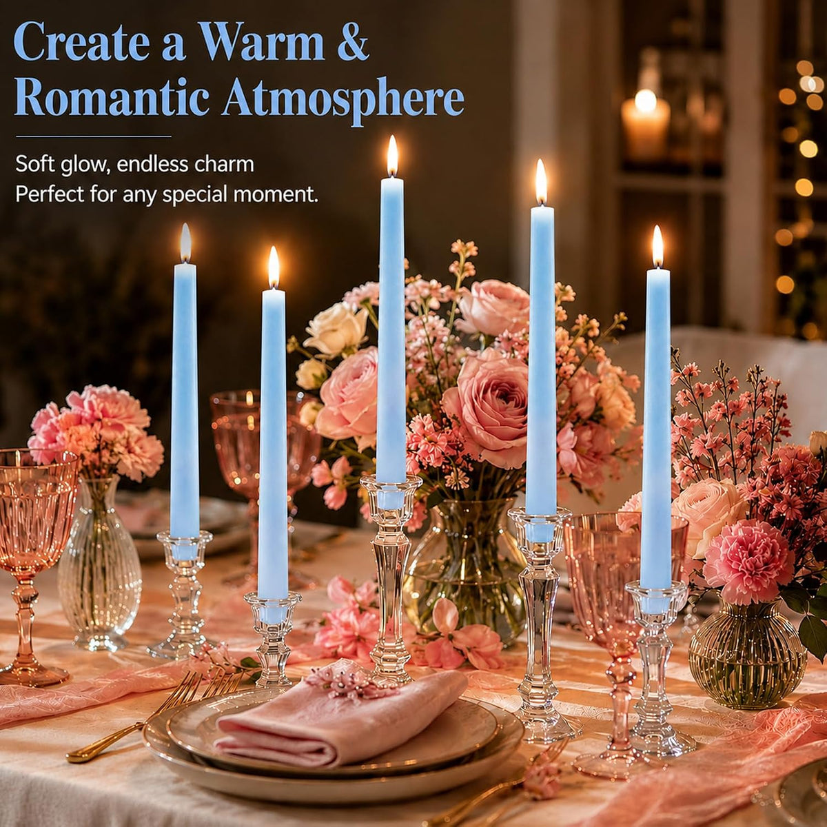 11-Hour Long Burning Ice Flower Taper Candles - 6 Pack 10 Inch Unscented Palm Wax Candlesticks - Natural Crystalline Texture, Smokeless & Dripless for Wedding, Dinner, Vigil, Blue