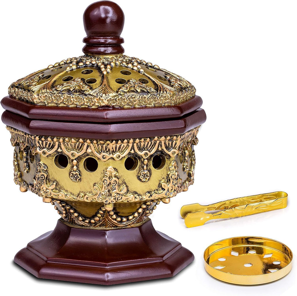 AM Lux Octagon Incense Burner – Bakhoor & Cone Holder | Charcoal Resin Burner for Frankincense, Myrrh & Aromatherapy | Decorative Mabkhara for Home, Office & Meditation Room Decor (Octagon Bronze)