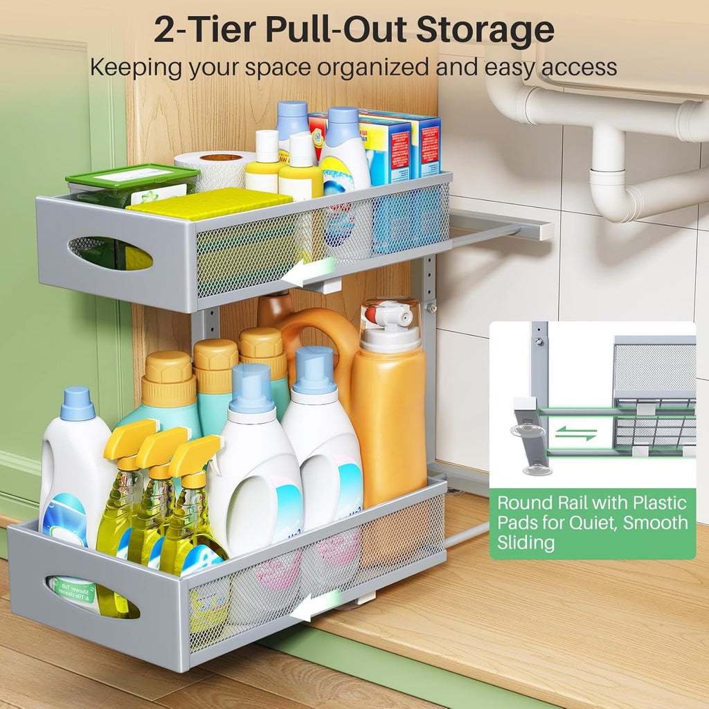 2 Pack Under Sink Organizer, 2 Tier Pull out Cabinet Organizer Mesh Baskets with 5 Adjustable Heights, Sliding Drawers Storage Shelf for Home, Kitchen, Bathroom, Pantry, Office, Countertop ,Grey