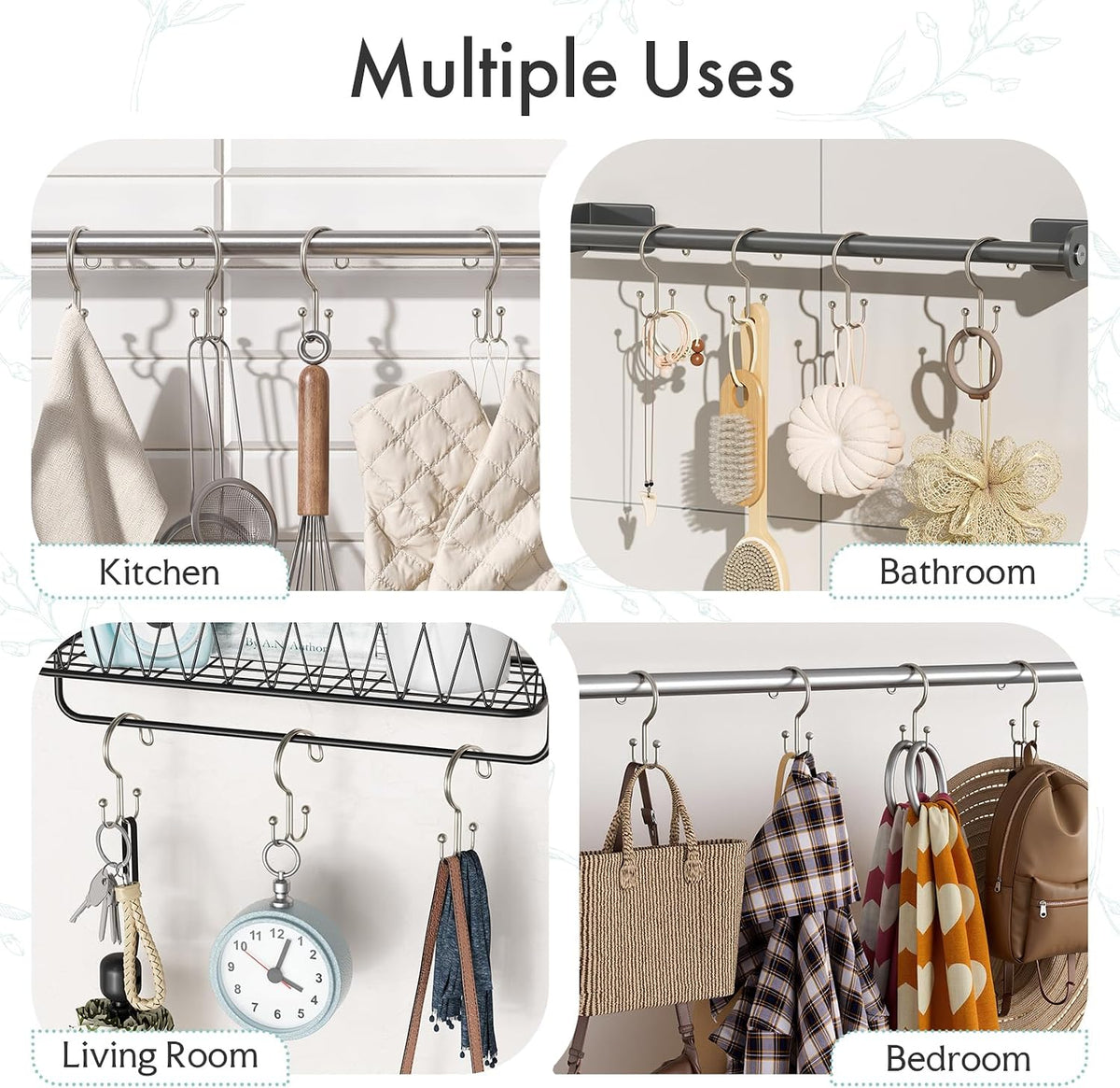 Bathway Nickel Shower Curtain Hooks Ring, 12 Pcs Double Sided Shower Hooks, Rust Proof Metal Shower Hooks for Bathroom, Anti-Drop Shower Rings for Shower Curtain & Liners