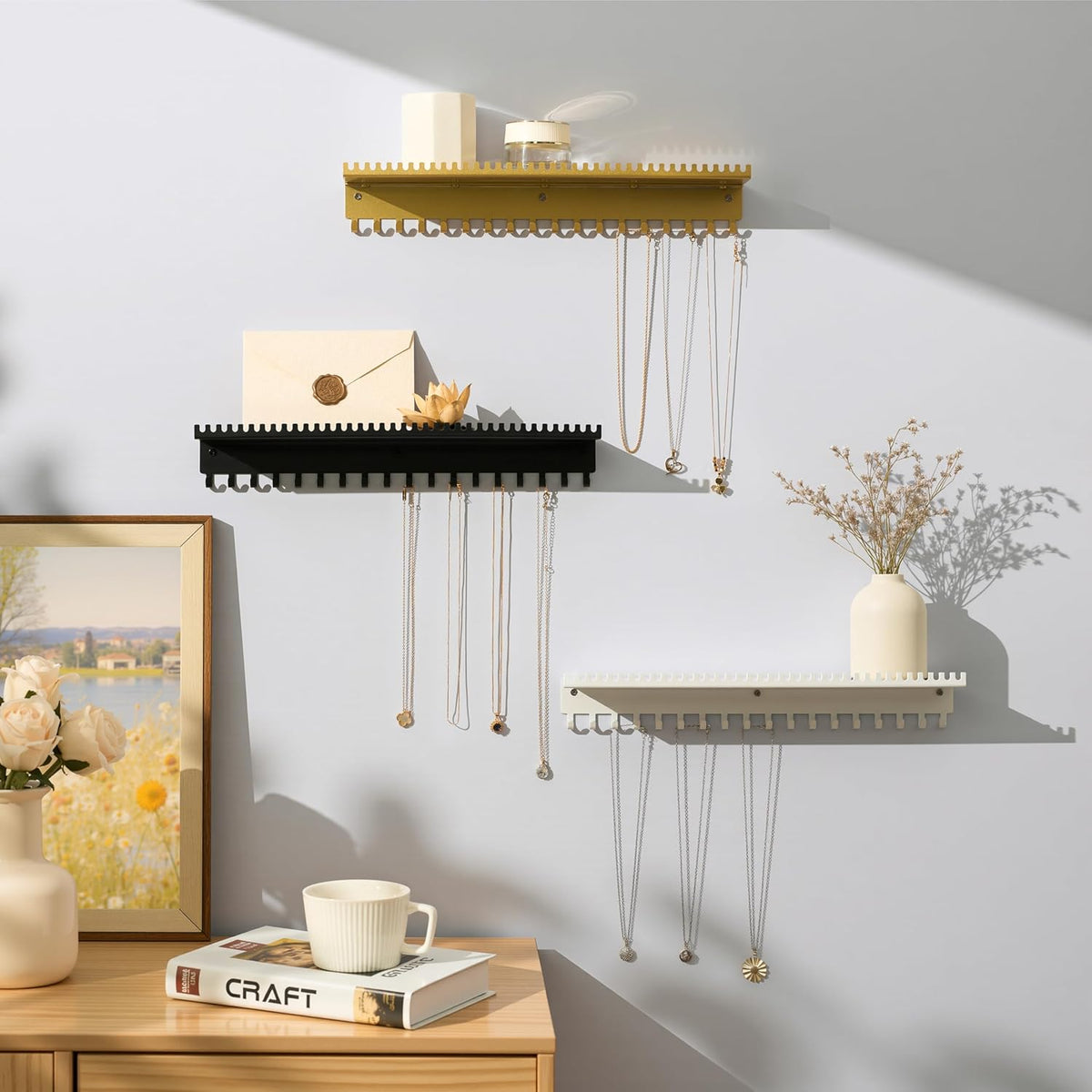Wall Mounted Necklace Holder with Shelf, Wall Jewelry Organizer, Gold
