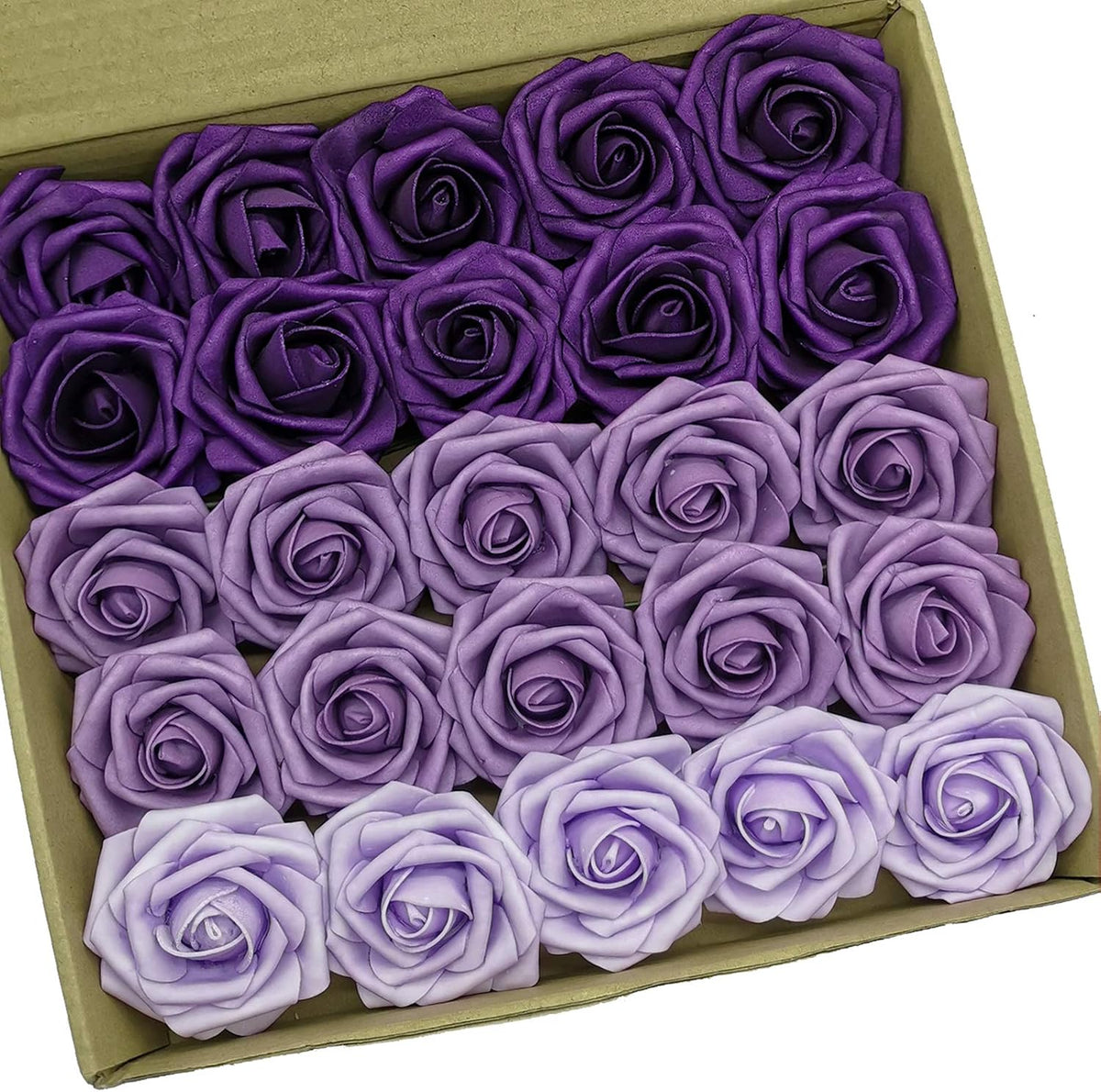 Artificial Flowers 25PCS Real Looking Ombre Colors Purple Fake Roses with Stem for DIY Wedding Bouquets Centerpieces Baby Shower Party Home Decorations