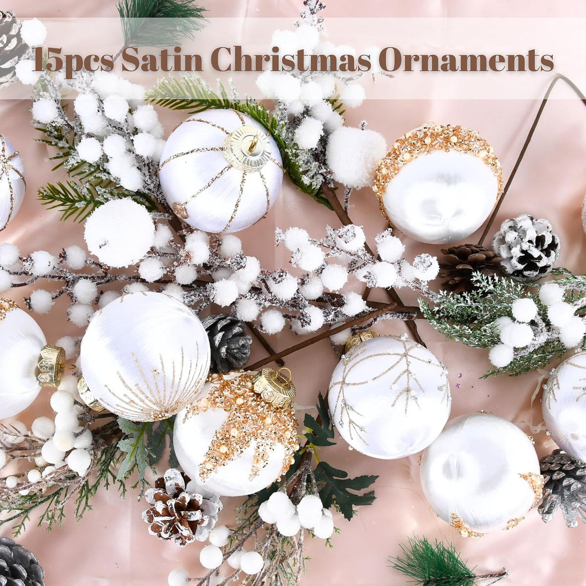 White Gold Christmas Tree Ornaments - Satin Christmas Ball Ornaments Luxury for Xmas Holiday Party Indoor Decorations - 80mm 3.15inch Pack of 15