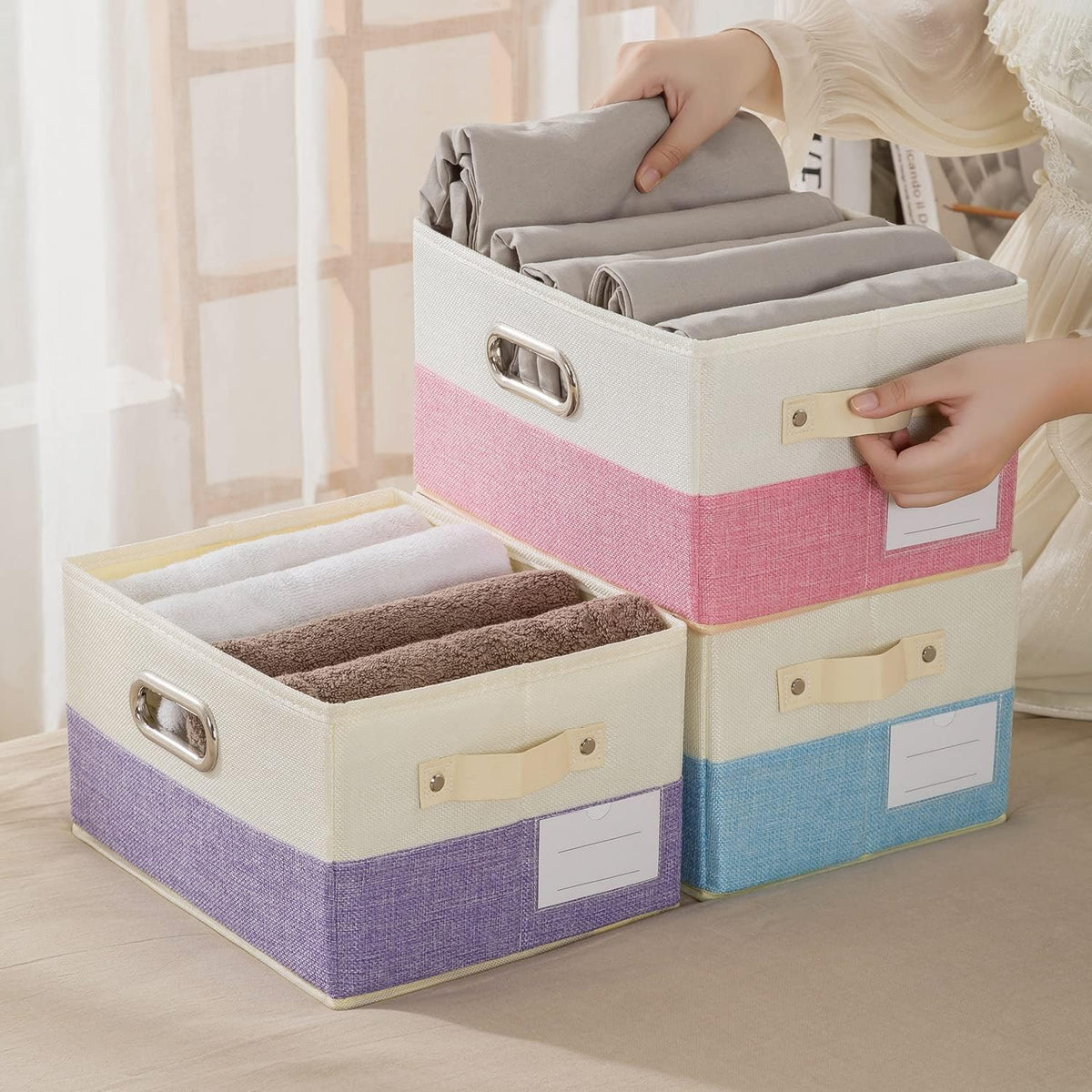PRANDOM Fodable Storage Bins for Closet [3-pack] Decorative Fabric Storage Baskets Cubes with Leather/Metal Handles for Shelves Bedroom Living Room Purple&Cream (11.5x8.5x6.7 Inch)